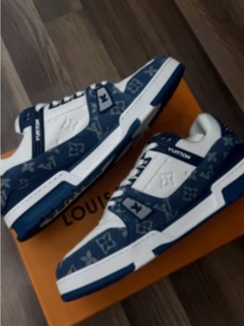 Men's Navy Blue and White Monogram Low-Top Sneakers